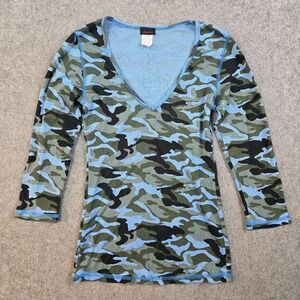 Vintage Y2K Babydoll Shameless T-Shirt Womens M Long Sleeve Camo‎ Blue Stretch